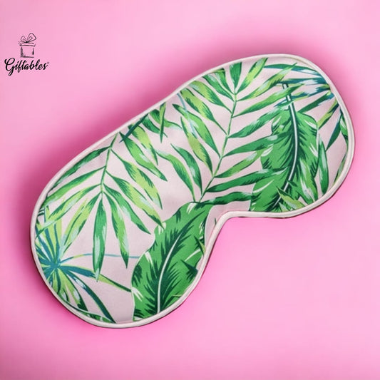 satin sleep mask smug pink with green leaves