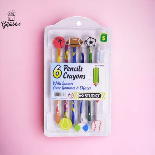 6 pencil crayons with erasers, random eraser shapes