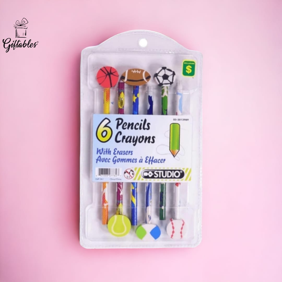 6 Pencil Crayons With Erasers