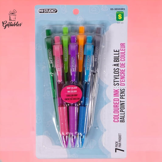 Retractable Ballpoint Pens 7PK (Assorted Colours) - Case of 12