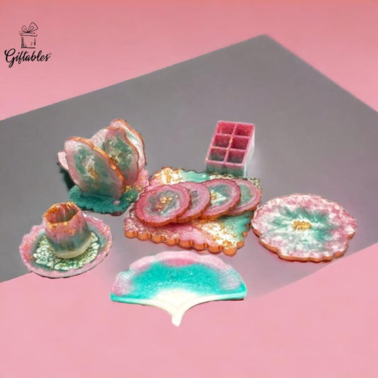 Dressing table set pink & sea green resin art