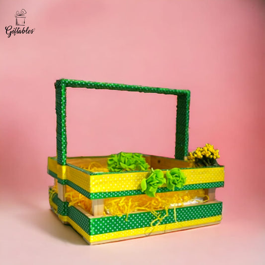 wooden basket square green/yellow