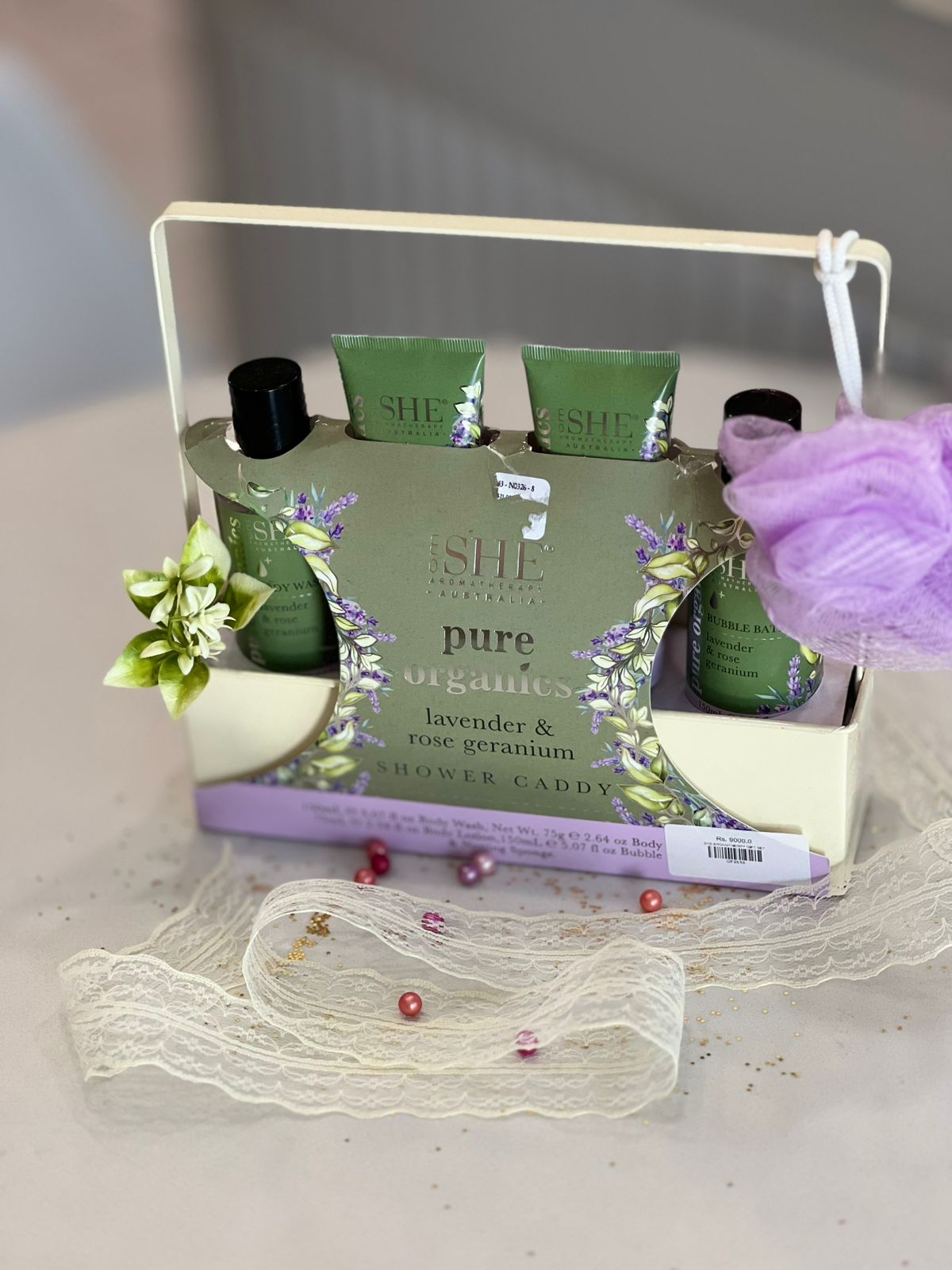 She Aromatherapy Pure Organics Shower Caddy Lavender & Rose Geranium 4 piece