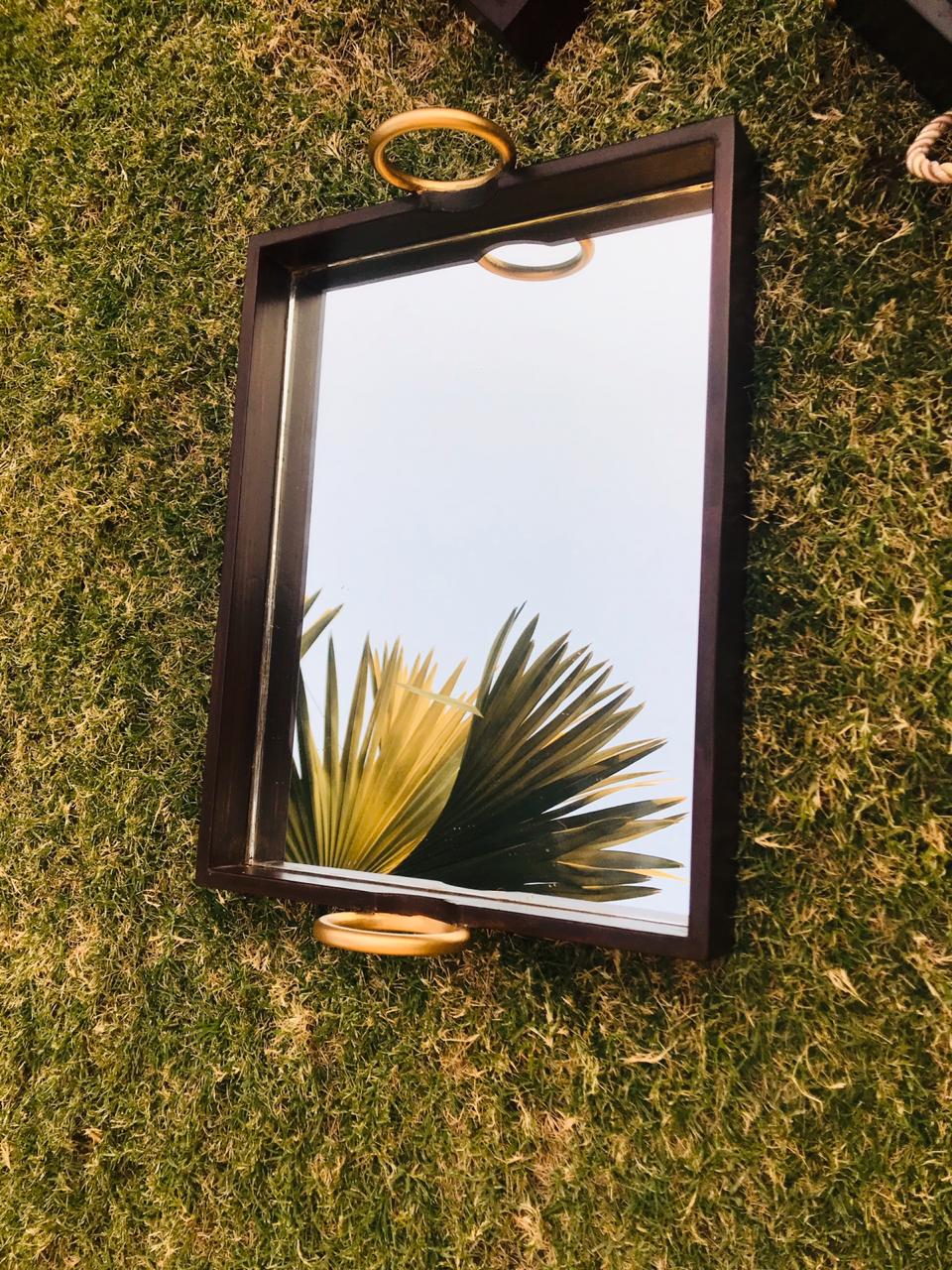 Wooden tray with mirror on top